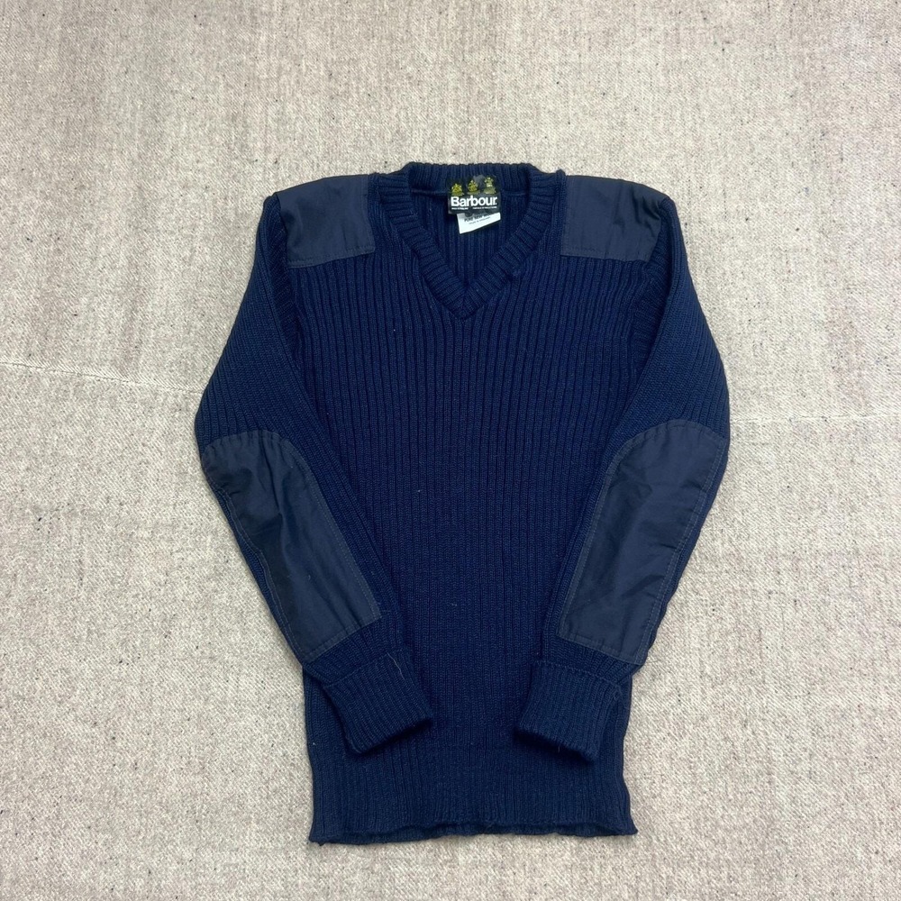 Barbour Commando Sweater Mens Medium Blue Military V‎ Neck Wool Vintage